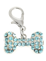 Swarovski Bone Dog Collar Charm (Aquamarine Crystals) - Stunning Diamante Bone Charm (embellished with 34 Aquamarine Swarovski Stones) attaches to any collar's D-ring with a lobster clip. Diamante Bone Charm. Measures approx. 1'' / 2.5cm wide.