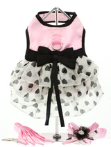 Pink Satin & Hearts Chiffon Harness Dress, Lead & Hat - ''Pure Elegance'' describes this, one of a kind, designer harness dress. Made from highest quality pink satin and three tiers of delicate white chiffon skirting printed with black hearts. As a finishing touch a beautiful black satin bow surrounds the waist. It has a sturdy reinforced D-Ring and a do...