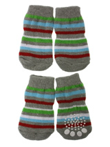 Grey & Stripey Pet Socks - These fun and functional doggie socks protect your dogs paws from mud, snow, ice, hot pavement, hot sand and other extreme weather. Made from 95% cotton and 5% spandex making them comfortable and secure. Each sock features a paw shaped anti-slip silica pad and help keep your house sanitary.