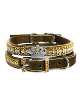 Wizard Of Oz Gold & Amber Dog Collar - The Wizard Of Oz Gold and Amber Swarovski Collar has three rows of  Swarovski rhinestones, citrine, golden topaz, and smokey topaz fixed to a sterling silver base and is set on a rich chocolate velvet collar. A beautiful crown in clear Swarovski crystals topped with a single citrine, golden topaz, a...
