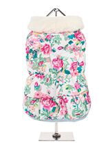 Rose Sensation Faux Fur Trimmed Coat - We have added one of this years must have prints to our range of coats to brighten up the even the most darkest of days. Our Rose Sensation coat is finished with a white luxurious faux fur collar and sleeves. It is fleece lined and fastens along the underside with four poppers making it easy to bot...
