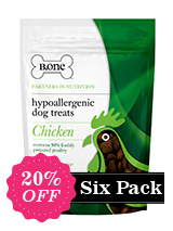 Six Pack - 80% Freshly Prepared Chicken Hypoallergenic Dog Treats (6 x 200g packs) - B.one hypoallergenic bites are no ordinary dog treats. We avoid ingredients that are known to cause allergies and itching such as grains, cereals, artificial flavourings and colourings to produce a tasty hypoallergenic treat. Our recipe has been formulated with Europe's leading nutritionists to ensu...