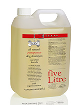 All Natural Pomegranate Dog Shampoo (5 Litre Groomer's Range) - Our all natural pomegranate shampoo cleanses and conditions coats leaving them smooth and silky with a delicate sweet scent. The incredible antioxidant, anti-microbial and anti-inflammatory properties of pomegranate encourages healthy skin and contains vitamin A and K, the hair friendly nutrients, w...