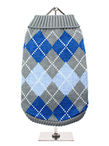 Grey / Blue Argyle Sweater - Knitted grey sweater with a dark/light blue diamond pattern. The Argyle  pattern has seen a resurgence in popularity in the last few years due to  its adoption by Stuart Stockdale in collections produced by luxury  clothing manufacturer, Pringle of Scotland. The rich Scottish heritage  will give you...
