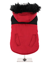 Red on Black Two Tone Parka - This two toned Parka coat is cosy and stylish and bang on trend. It has a faux fur trimmed hood and is fleece lined to keep your dog snug and warm. Perfect for the dog that likes a bit of rough and tumble, a quality, multi-layered piece of clothing that will keep the heat in and the cold out. Our cl...