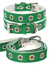 Northern Ireland Football Team Collar & Lead Set - Enhance your dog's game day look with the Official Northern Ireland  Retro Collar and Lead Set from Urban Pup. Designed for strength and  lightness, this set is ideal for daily wear and showcases impeccable  style with its chrome detailing on the collar, including eyelets and the  tip. The set featu...