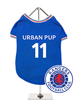 Rangers Football Team Shirt (Personalised) - Get 'Ready' to take a trip back to the future with our Personalised Rangers Retro Football Shirt. This retro-styled dog football shirt is based on Rangers kits of the past that have been worn by countless legends, and features red, white, and blue piping on the cuffs and collar. It features the club...