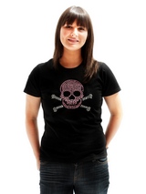 Skull & Crossbones GlamourGlitz Women's T-Shirt - Exclusive GlamourGlitz ''Mommy and Me'' Women's T-Shirt.  Embellished with a Skull and Crossbones design and crafted with Pink and Silver Rhinestuds that catch a sparkle in the light. Whether you wear this to match up with your pet or just on it's own, you can be sure you are wearing a unique design...