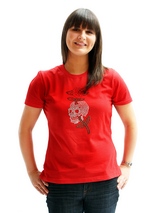 Skull & Rose GlamourGlitz Women's T-Shirt - Exclusive GlamourGlitz ''Mommy and Me'' Women's T-Shirt.  With a tattoo design attributing to 80's Glam Rock crafted with Silver, Green and Red Rhinestuds that catch a sparkle in the light. Whether you wear this to match up with your pet or just on it's own, you can be sure you are wearing a unique...