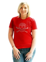Skull & Crossbones GlamourGlitz Women's T-Shirt - Exclusive GlamourGlitz ''Mommy and Me'' Women's T-Shirt.  Embellished with a Skull and Crossbones design and crafted with Pink and Silver Rhinestuds that catch a sparkle in the light. Whether you wear this to match up with your pet or just on it's own, you can be sure you are wearing a unique design...