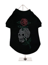 Skull & Rose GlamourGlitz Dog T-Shirt - Exclusive GlamourGlitz 100% Cotton Dog T-Shirt. With a tattoo design attributing to 80's Glam Rock and crafted with Silver, Green and Red Rhinestuds that catch a sparkle in the light. Wear on it's own or match with a GlamourGlitz ''Mommy and Me'' Women's T-Shirt to complete the look.