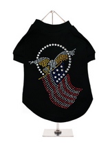 American Spirit GlamourGlitz Dog T-Shirt - Exclusive GlamourGlitz 100% Cotton Dog T-Shirt. Embellished with the American Eagle swooping down and clutching the Stars and Stripes, symbolizing the Spirit of America. Crafted with Red, Silver and Blue Rhinestuds that catch a sparkle in the light. Wear on it's own or match with a GlamourGlitz ''Mo...