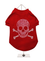 Skull & Crossbones GlamourGlitz Dog T-Shirt - Exclusive GlamourGlitz 100% Cotton Dog T-Shirt. Embellished with a Skull and Crossbones design and crafted with Pink and Silver Rhinestuds that catch a sparkle in the light. Wear on it's own or match with a GlamourGlitz ''Mommy and Me'' Women's T-Shirt to complete the look.