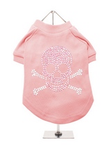 Skull & Crossbones GlamourGlitz Dog T-Shirt - Exclusive GlamourGlitz 100% Cotton Dog T-Shirt. Embellished with a Skull and Crossbones design and crafted with Pink and Silver Rhinestuds that catch a sparkle in the light. Wear on it's own or match with a GlamourGlitz ''Mommy and Me'' Women's T-Shirt to complete the look.
