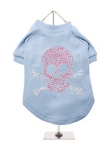 Skull & Crossbones GlamourGlitz Dog T-Shirt - Exclusive GlamourGlitz 100% Cotton Dog T-Shirt. Embellished with a Skull and Crossbones design and crafted with Pink and Silver Rhinestuds that catch a sparkle in the light. Wear on it's own or match with a GlamourGlitz ''Mommy and Me'' Women's T-Shirt to complete the look.
