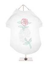 Skull & Rose GlamourGlitz Dog T-Shirt - Exclusive GlamourGlitz 100% Cotton Dog T-Shirt. With a tattoo design attributing to 80's Glam Rock and crafted with Silver, Green and Red Rhinestuds that catch a sparkle in the light. Wear on it's own or match with a GlamourGlitz ''Mommy and Me'' Women's T-Shirt to complete the look.
