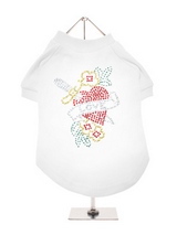 Love Heart GlamourGlitz Dog T-Shirt - Exclusive GlamourGlitz 100% Cotton Dog T-Shirt. With a symbolic heart tattoo design representing love and courage. Crafted with Red, Green, Silver and Gold Rhinestuds that catch a sparkle in the light. Wear on it's own or match with a GlamourGlitz ''Mommy and Me'' Women's T-Shirt to complete the loo...
