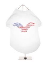 American Eagle GlamourGlitz Dog T-Shirt - Exclusive GlamourGlitz 100% Cotton Dog T-Shirt. Embellished with a soaring American Eagle, the National Emblem and crafted with Red, Silver and Blue Rhinestuds that catch a sparkle in the light. Wear on it's own or match with a GlamourGlitz ''Mommy and Me'' Women's T-Shirt to complete the look.