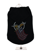 GlamourGlitz American Spirit Dog Hoodie - Exclusive GlamourGlitz 100% Cotton Hoodie. Embellished with the American Eagle swooping down and clutching the Stars and Stripes, symbolizing the Spirit of America. Crafted with Red, Silver and Blue Rhinestuds that catch a sparkle in the light. Wear on it's own or match with a GlamourGlitz ''Mommy a...