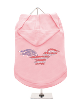 GlamourGlitz American Eagle Dog Hoodie - Exclusive GlamourGlitz 100% Cotton Hoodie. Embellished with a soaring American Eagle, the National Emblem and crafted with Red, Silver and Blue Rhinestuds that catch a sparkle in the light. Wear on it's own or match with a GlamourGlitz ''Mommy and Me'' Women's T-Shirt to complete the look.