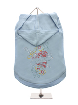 GlamourGlitz Love Heart Dog Hoodie - Exclusive GlamourGlitz 100% Cotton Hoodie. With a symbolic heart tattoo design representing love and courage. Crafted with Red, Green, Silver and Gold Rhinestuds that catch a sparkle in the light. Wear on it's own or match with a GlamourGlitz ''Mommy and Me'' Women's T-Shirt to complete the look.