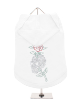 GlamourGlitz Skull & Rose Dog Hoodie - Exclusive GlamourGlitz 100% Cotton Hoodie. With a tattoo design attributing to 80's Glam Rock and crafted with Silver, Green and Red Rhinestuds that catch a sparkle in the light. Wear on it's own or match with a GlamourGlitz ''Mommy and Me'' Women's T-Shirt to complete the look.