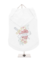 GlamourGlitz Love Heart Dog Hoodie - Exclusive GlamourGlitz 100% Cotton Hoodie. With a symbolic heart tattoo design representing love and courage. Crafted with Red, Green, Silver and Gold Rhinestuds that catch a sparkle in the light. Wear on it's own or match with a GlamourGlitz ''Mommy and Me'' Women's T-Shirt to complete the look.