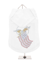 GlamourGlitz American Spirit Dog Hoodie - Exclusive GlamourGlitz 100% Cotton Hoodie. Embellished with the American Eagle swooping down and clutching the Stars and Stripes, symbolizing the Spirit of America. Crafted with Red, Silver and Blue Rhinestuds that catch a sparkle in the light. Wear on it's own or match with a GlamourGlitz ''Mommy a...
