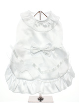 Bride Wedding Dress with Veil - This beautiful bridal dress includes a co-ordinating headpiece with an  organza veil and satin bow complete with adjustable strap. The dress  features a matching bow with the lower part of the dress over laid with  organza and white satin piping to complete the look. The hem and sleeves  are finishe...