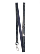 Blue Crocodile Leather Diamante Lead - Sparkling Bling Lead. This crocodile textured blue leather lead has silver clip finished with a large sparkling diamante bone.S Width: 14mmM Width: 19mmL Width: 25mmLead Length: 1.08m / 48''