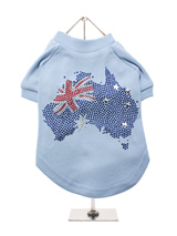 Australia Flag GlamourGlitz Dog T-Shirt - Exclusive GlamourGlitz 100% Cotton Dog T-Shirt. A full Australian Flag design crafted with Red, Silver and Blue Rhinestuds that catch a sparkle in the light. Wear on it's own or match with a GlamourGlitz ''Mommy and Me'' Women's T-Shirt to complete the look.
