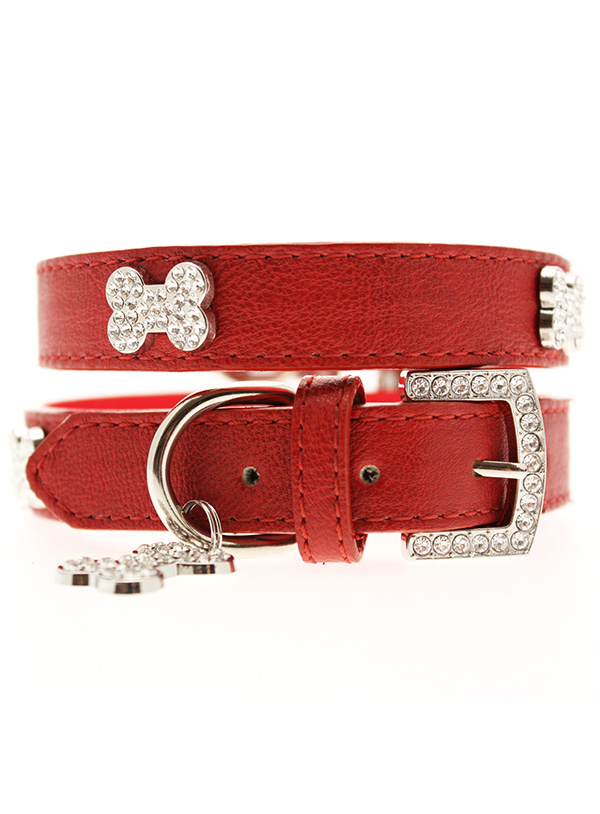 Red Leather Diamante Collar / Diamante Bone Charm and Lead Set | Dog ...