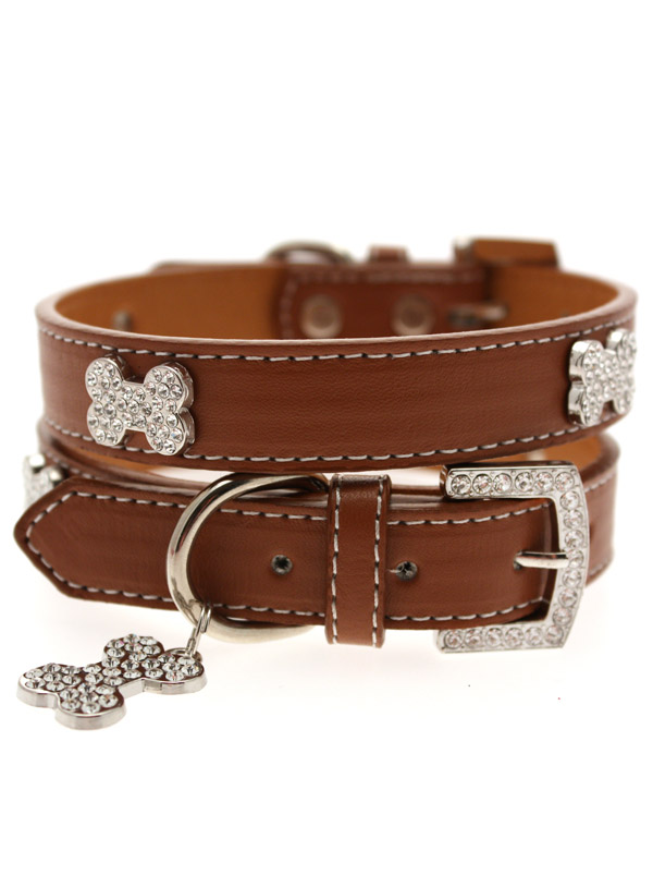 Brown Leather Diamante Collar and Diamante Bone Charm Patterned