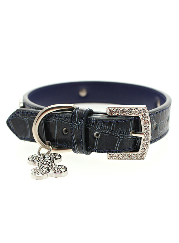 Blue Crocodile Leather Diamante Collar / Diamante Bone Charm and Lead ...