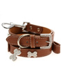 Brown Leather Diamante Collar / Diamante Bone Charm & Lead Set
